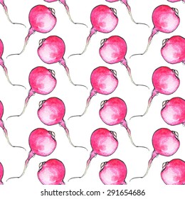 Radish. Seamless pattern with vegetables. Hand-drawn background. Vector illustration. Real watercolor drawing.