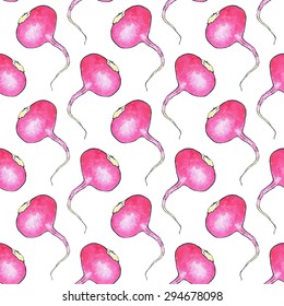 Radish. Seamless pattern with vegetables. Hand-drawn background. Vector illustration. Real watercolor drawing.