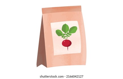 Radish seeds package watercolor illustration isolated on white background. Pack of radish seeds clipart cartoon style. Vegetable seeds package watercolor drawing. Garden work. Garden package of seeds