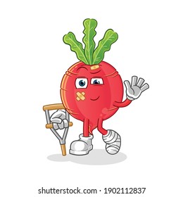 radish sick with limping stick character. cartoon mascot vector