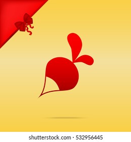 Radish simple sign. Cristmas design red icon on gold background.