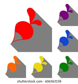 Radish simple sign. Set of red, orange, yellow, green, blue and violet icons at white background with flat shadow.