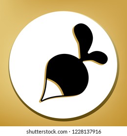 Radish simple sign. Vector. Black icon with light brown shadow in white circle with shaped ring at golden background.