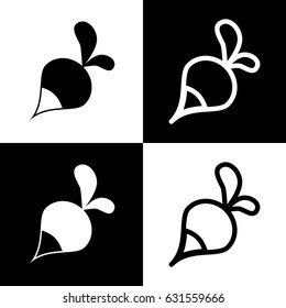 Radish simple sign. Vector. Black and white icons and line icon on chess board.