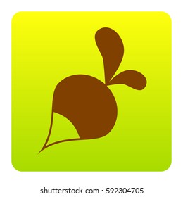 Radish simple sign. Vector. Brown icon at green-yellow gradient square with rounded corners on white background. Isolated.