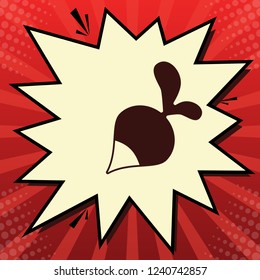 Radish simple sign. Vector. Dark red icon in lemon chiffon shutter bubble at red popart background with rays.