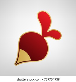 Radish simple sign. Vector. Red icon on gold sticker at light gray background.