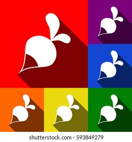 Radish simple sign. Vector. Set of icons with flat shadows at red, orange, yellow, green, blue and violet background.