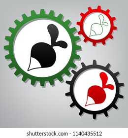 Radish simple sign. Vector. Three connected gears with icons at grayish background.