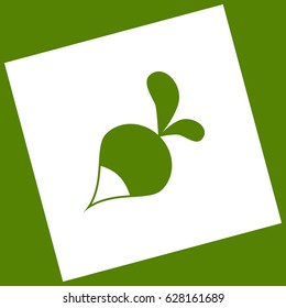 Radish simple sign. Vector. White icon obtained as a result of subtraction rotated square and path. Avocado background.