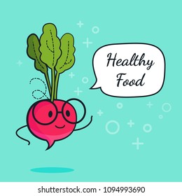 Radish with speech bubble. Balloon sticker. Cool vegetable. Vector illustration. Radish clever nerd character. Healthy food concept. Smart vegan diet poster
