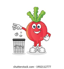 radish Throw garbage in trash can mascot. cartoon vector