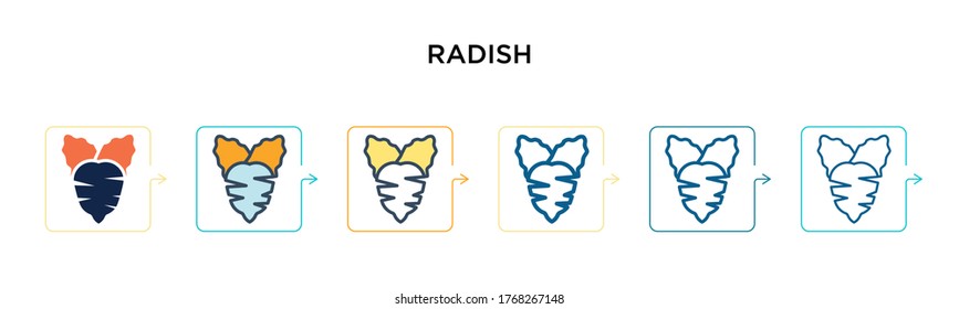Radish vector icon in 6 different modern styles. Black, two colored radish icons designed in filled, outline, line and stroke style. Vector illustration can be used for web, mobile, ui