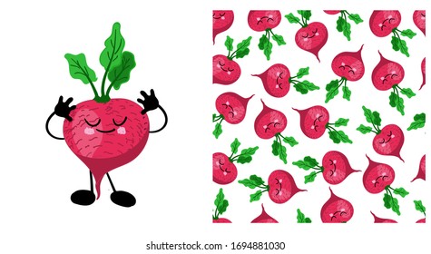 Radish vegetable character cute kawaii. Seamless vegetable pattern with radish. Children's vector illustration.