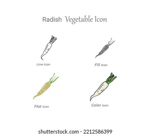 Línea vegetal de rábano, relleno, plano e icono de color y fresco, natural, orgánico, sano, vegetariano vector de alimento Icono conjunto Ilustración