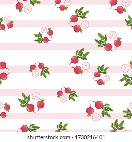 Radish Vegetable Seamless Pattern would be perfect for fabric, textile, gift wrap, wallpaper, surface designer, background, backdrop, and ornament.