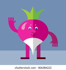 Radish waving hand. Flat style vector illustration. Funny cartoon character for agriculture or food design