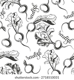 Radishes and hand-drawn lettering. Seamless pattern on white. Vector art food background. Black and white. Perfect for design templates, wallpaper, wrapping, fabric, print and textile.