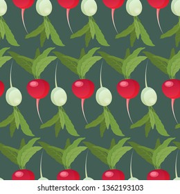 Radishes  seamless pattern with healthy full of vitamins vegetable isolated on dark background. Vector cartoon illustration