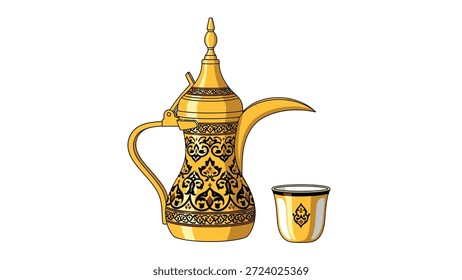 traditionelle arabische goldene Kaffeekanne (Dallah) und Tasse mit Ornamenten.