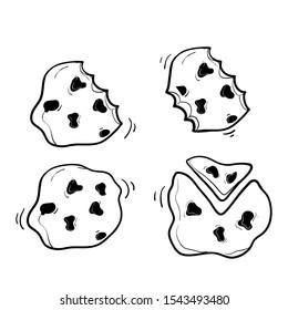 raditional chocolate chip cookies. Bitten, broken, cookie crumbs with handdrawn doodle style vector
