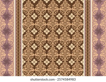 raditional native Damask fabric pattern art, horizontal fabric pattern, brown, cream, purple tones for decorating fabric patterns, woven fabrics, curtains, carpets or other decorations.