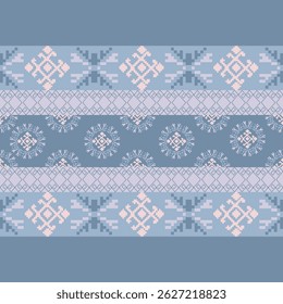 raditional Ukrainian cross-stitch Detailed vector Illustration for textile printing design, on pixels pastel colors tones