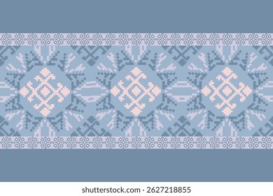 raditional Ukrainian cross-stitch Detailed vector Illustration for textile printing design, on pixels pastel colors tones