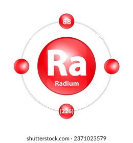 Radium (Ra) Icon structure chemical element round shape circle light red with surround ring. 3D Illustration vector. Period number shows of energy levels of electron. Study science for education