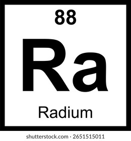Quadro periódico de elementos de rádio (Ra). Ícone com número atômico 88. Um elemento altamente radioativo descoberto por Marie Curie, antes usado em tintas luminosas.