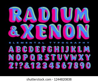 Radium and Xenon is a brightly colored and whimsical alphabet. This lettering style is perfect on kids' party invitations, psychedelic rave party flyers, or anywhere a fun and crazy font is needed.