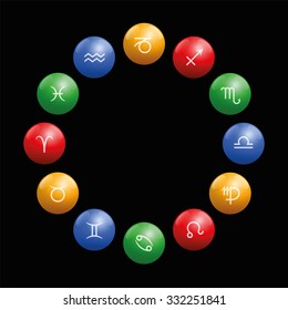 Radix of astrology with twelve symbols on colored glossy balls in their appropriate element color: red fire, ocher earth, blue air, green water. Illustration on black background.