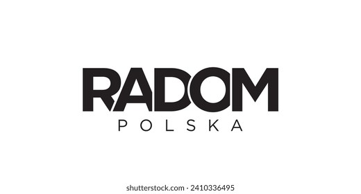Radom in the Poland emblem for print and web. Design features geometric style, vector illustration with bold typography in modern font. Graphic slogan lettering isolated on white background.