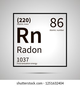 Radon chemical element with first ionization energy and atomic mass values ,simple black icon with shadow on gray