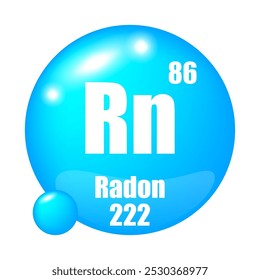 Ícone de radônio. Rn elemento químico. Número atômico 86. Massa 222. Esfera azul.