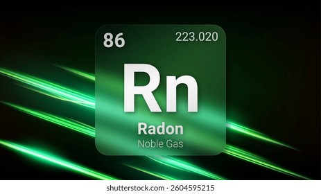 Radon (Rn) (086) Noble Gas, Glass Morphism Element Futuristic Neon Light Glow Background Periodic Table, Chemical Symbol, Name, Atomic Mass, Atomic Number, Vector Illustration