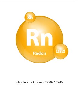 Radon (Rn) estructura de icono elemento químico forma redonda círculo amarillo oscuro. Elemento químico de la tabla periódica Signo con número atómico. Estudio en ciencia para la educación. Vector de ilustración 3D. 