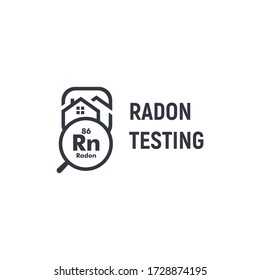 Radon Testing First Alert Kit Logotype. Home Rn Remediation Service Logo. Poisonous Chemical Element, Gas Spreading Prevention Icon. Black And White House And Magnifying Glass Contour Vector Sign.