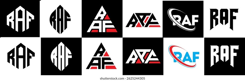 RAF letter logo design in six style. RAF polygon, circle, triangle, hexagon, flat and simple style with black and white color variation letter logo set in one artboard. RAF minimalist and classic logo