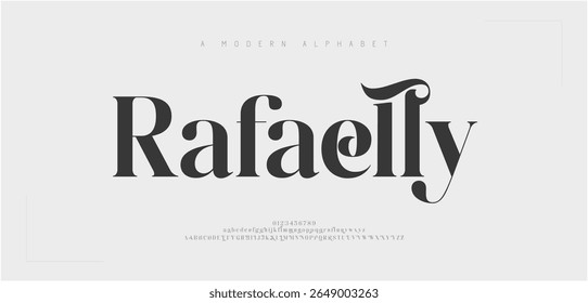 Rafaelly Elegante mínima clássica moderna fonte tipográfica alfabeto tipografia, letras maiúsculas e minúsculas e número. Ilustração de vetor de luxo 
