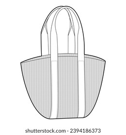 Raffia Basket Tote silhouette bag. Fashion accessory technical illustration. Vector satchel front 3-4 view for Men, women, unisex style, flat handbag CAD mockup sketch outline isolated