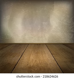 Raffish room with old wall and wooden floor. Vector illustration.