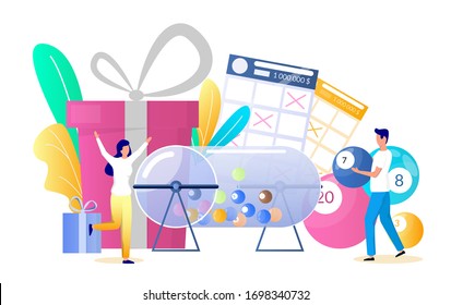 Raffle Drum With Balls, Gift Boxes, Lucky Woman Playing Bingo Lotto Game And Winning Prize, Vector Flat Illustration. Lottery Gambling, Bingo Prize Draw Concept For Web Banner, Website Page Etc.