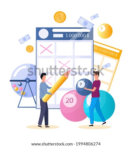 Raffle drum, balls with lucky numbers, man player filling out lottery tickets, flat vector illustration. Lotto, bingo, keno lottery games.