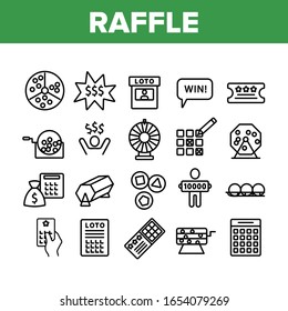 Raffle Gamble Lottery Collection Icons Set Vector. Raffle Ticket And Drum, Loto Balls And Money Bag, Bingo Winner And Prize Concept Linear Pictograms. Monochrome Contour Illustrations