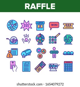 Raffle Gamble Lottery Collection Icons Set Vector. Raffle Ticket And Drum, Loto Balls And Money Bag, Bingo Winner And Prize Concept Linear Pictograms. Color Illustrations