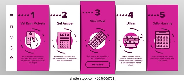 Raffle Gamble Lottery Onboarding Icons Set Vector. Raffle Ticket And Drum, Loto Balls And Money Bag, Bingo Winner And Prize Illustrations