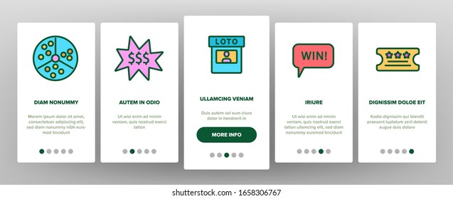 Raffle Gamble Lottery Onboarding Icons Set Vector. Raffle Ticket And Drum, Loto Balls And Money Bag, Bingo Winner And Prize Illustrations