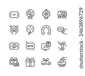 Raffle and Giveaway, linear style icon set. Drawings and games of chance. Equipment, tickets, lucky charms and winning prize. Editable stroke width