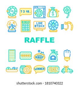 Raffle Lottery Game Collection Icons Set Vector. Raffle Car And Win Money Gambling, Bingo Card And Kegs, Wheel Of Fortune And Ticket Concept Linear Pictograms. Contour Illustrations